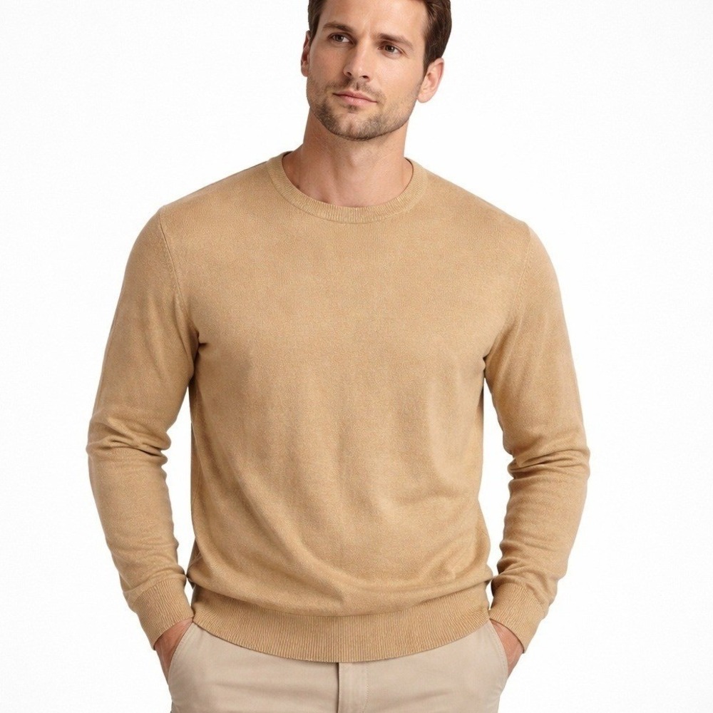 Zara Sweater Mens Large Tan Cotton Textured Knit Crewneck Camel Long Sleeve